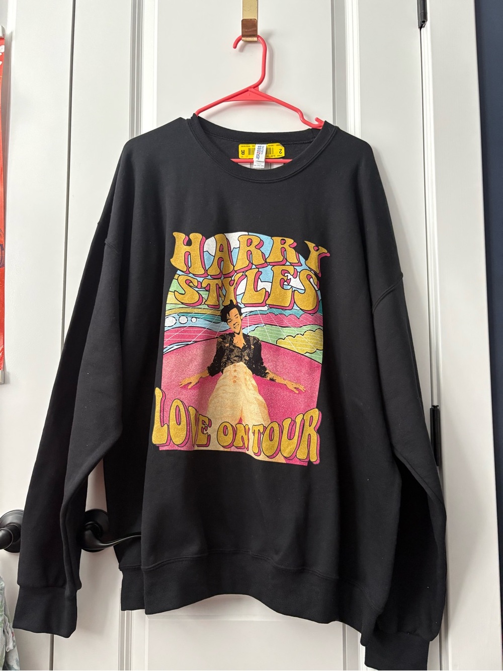 Jerzees Black Crewneck with Pink, Yellow & Blue Harry Styles Graphic